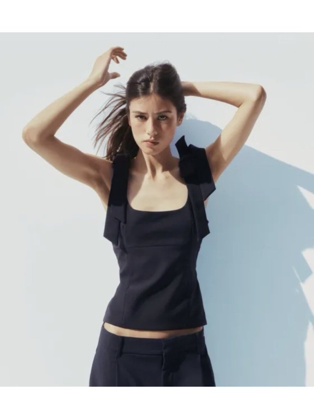 Zara Solid Black Tank Top Bow Sleeveless Basic Stretch 4772/032/800 Medium